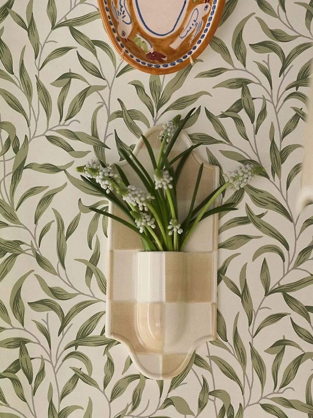 Anthropologie Mari Stoneware Wall Pocket Vase Checkered Gingham NWT